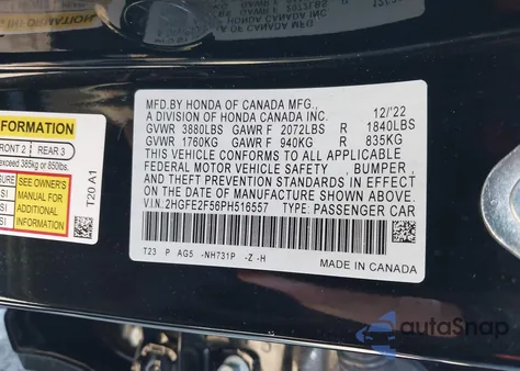 2023 Honda Civic Sport from USA, damaged, VIN 2HGFE2F56PH516557